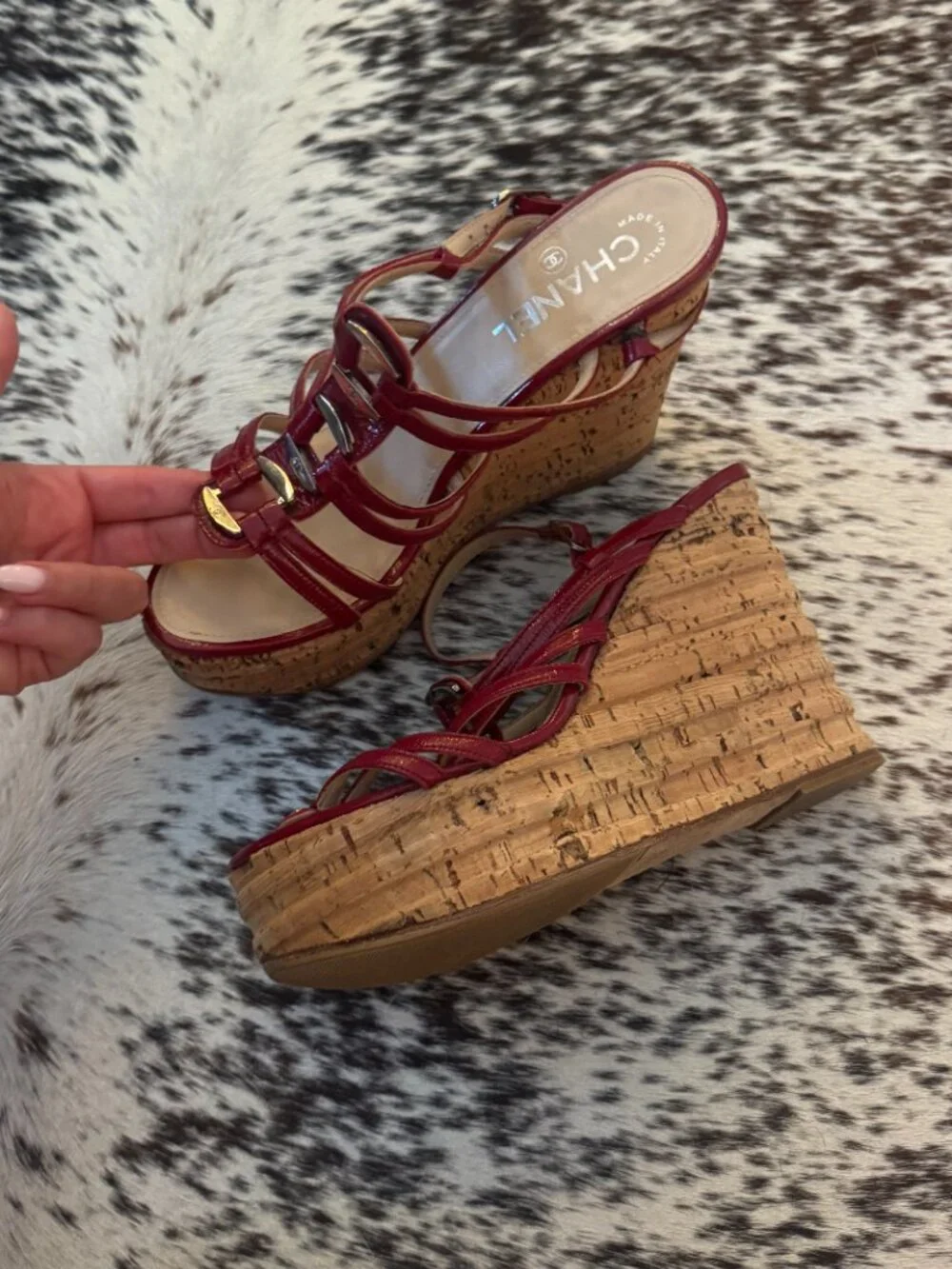 Chanel Red Patent Leather Cork Platform Wedge Gladiator Sandals 37